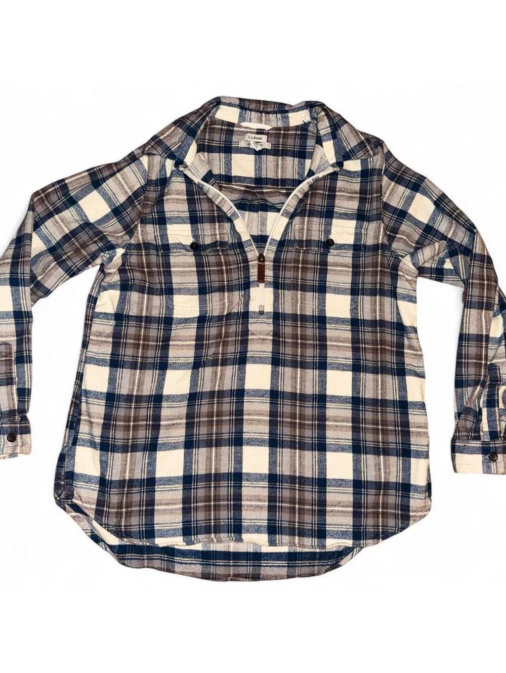 LL Bean Men's 1/4 zip scotch plaid flannel pullover shirt Sz M relaxed fit cabin